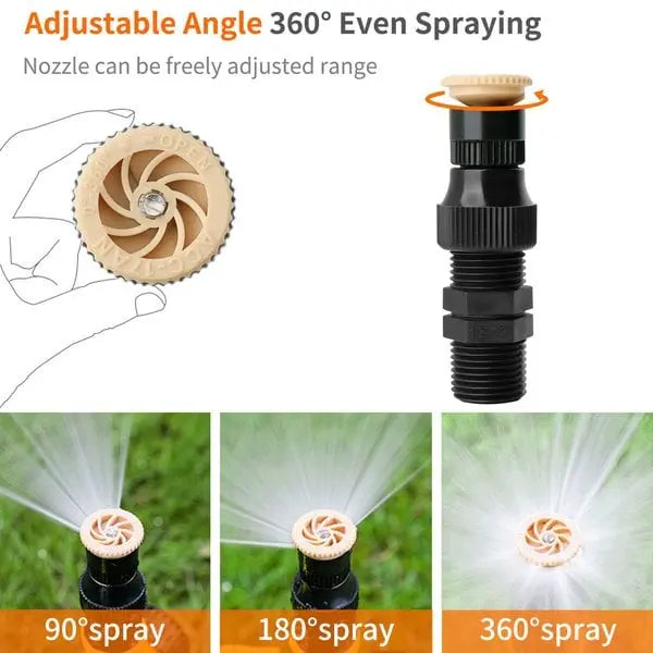 Aspersor de jardín con espiga, riego ajustable 360° para cobertura uniforme de césped.