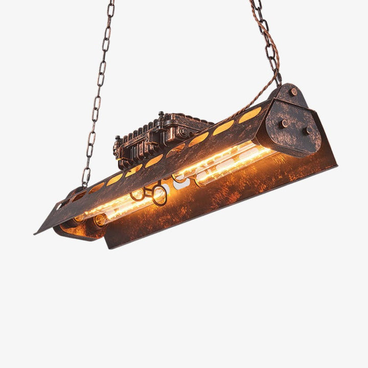 Lámpara de techo vintage industrial steampunk, candelabro lineal de metal para un ambiente único en salón.