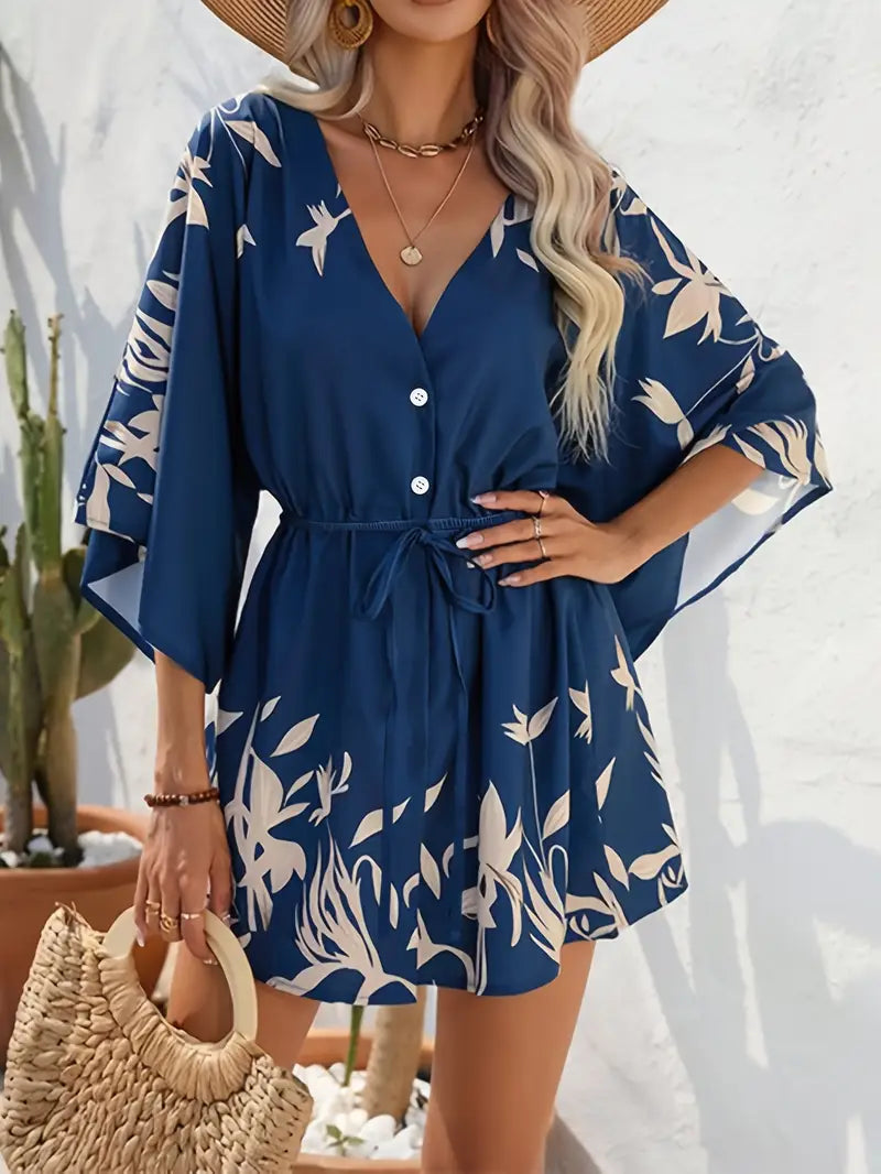 Vestido de fiesta mini floral para mujer, diseño elegante con escote en V, estilo moderno.