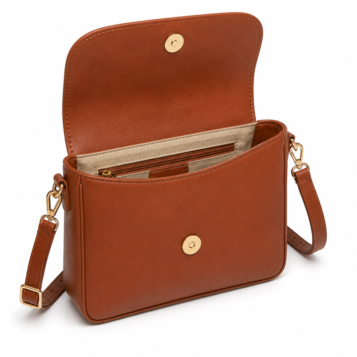 Mujer usando bolso bandolera de cuero sintético marrón. Combinación perfecta de estilo y funcionalidad.