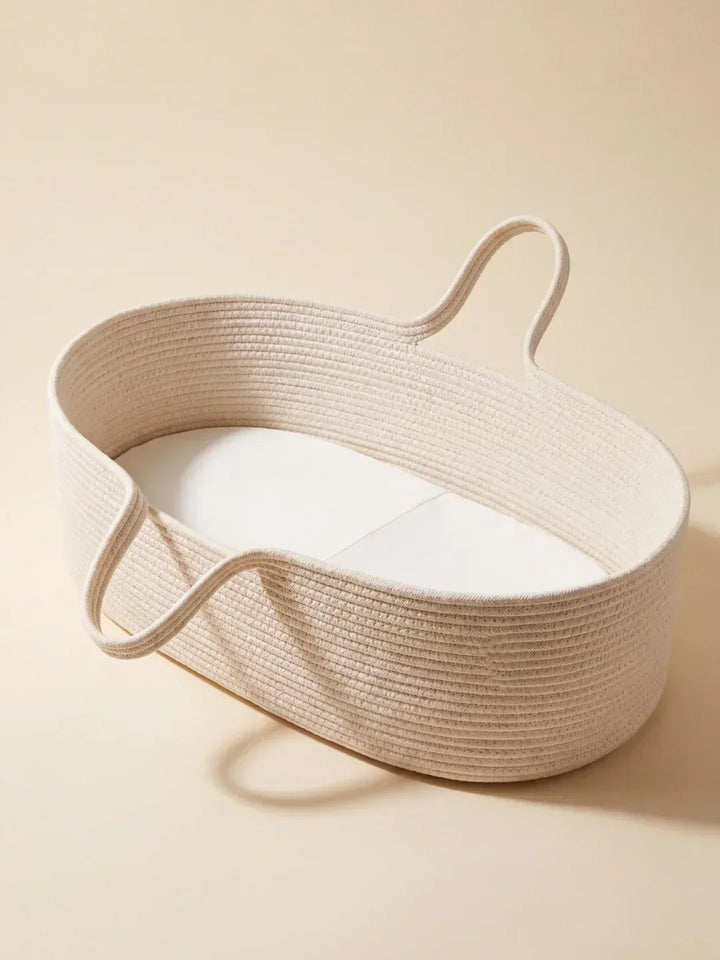 Cesta moisés de algodón natural trenzado para bebé, con suave colchón incluido. Cuna portátil.