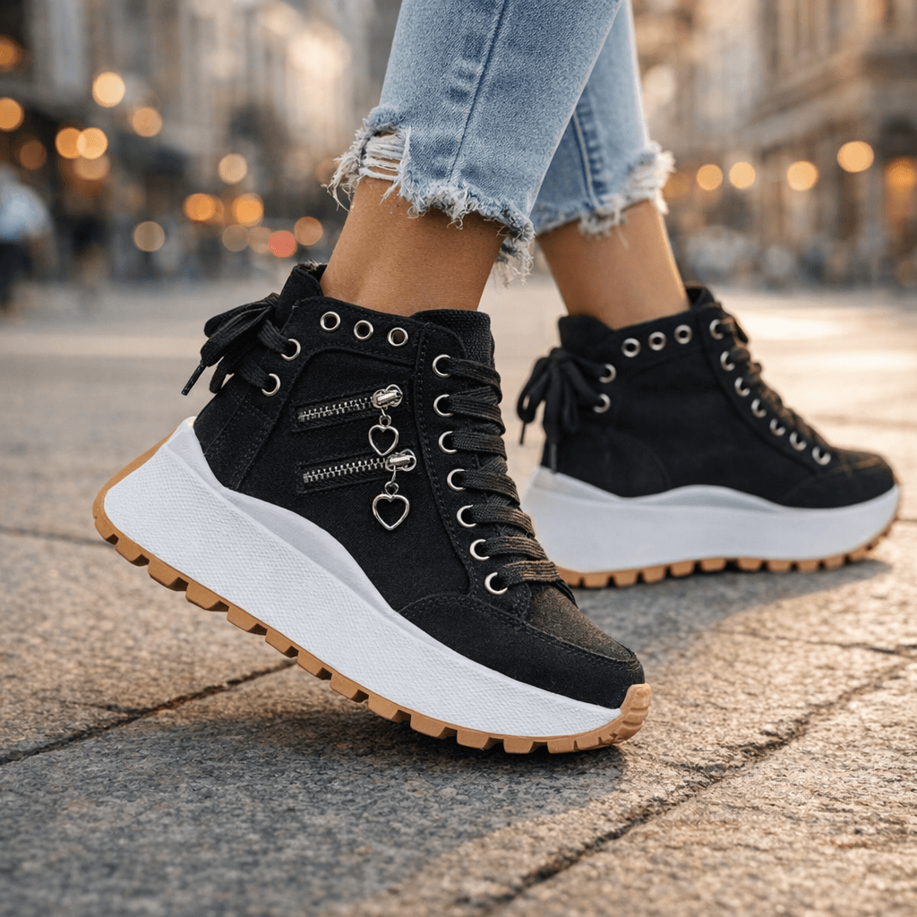 Zapatillas urbanas de mujer con plataforma chunky y cremalleras. Perfectas para un look casual y cómodo.