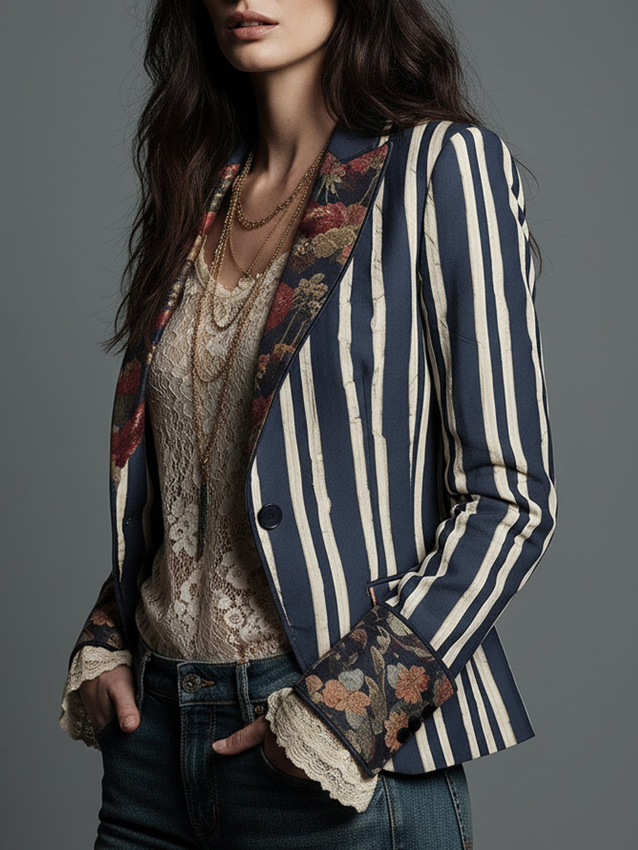 Blazer femenino de manga larga con patrón floral y rayas, moda bohemia versátil para entretiempo.