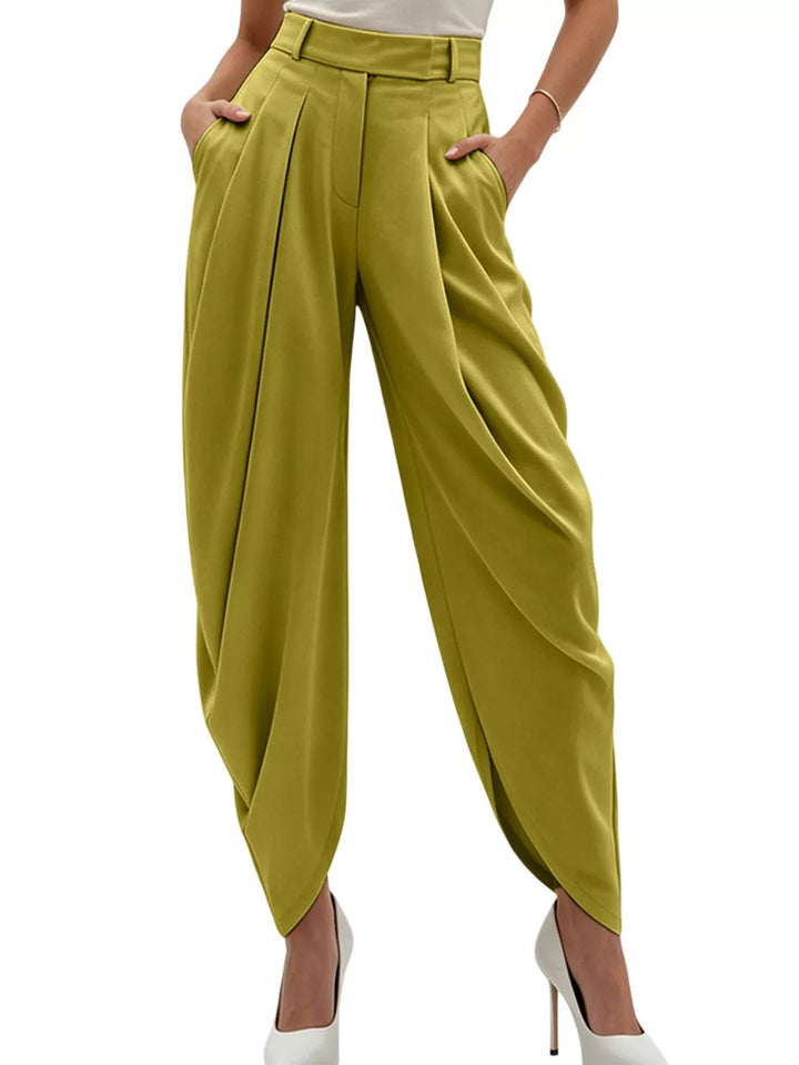 Pantalón ancho de mujer en algodón, tiro alto, plisado, ideal para vestir casual o formal.