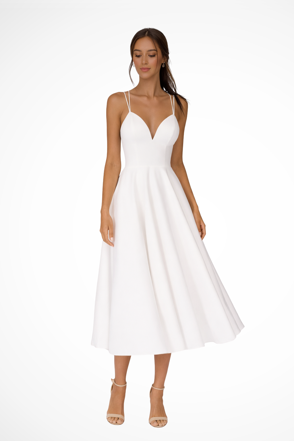 Vestido midi de invitada con tirantes finos, silueta evasé, perfecto para mujer buscando elegancia y comodidad.