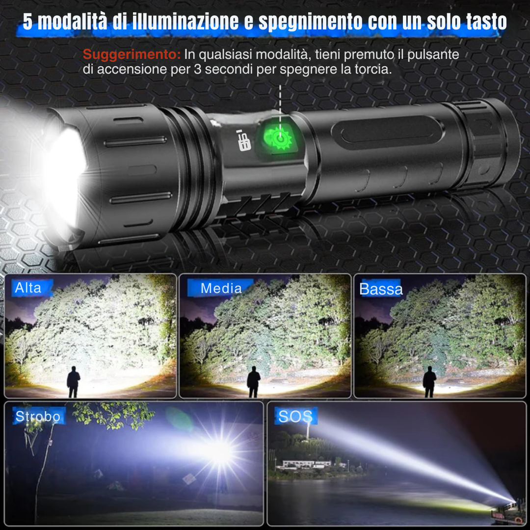 Robusta linterna LED recargable de alta potencia, perfecta para uso táctico y exteriores extremos.