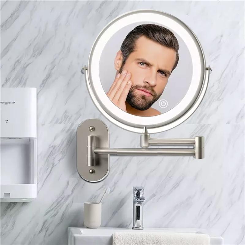 Espejo de tocador LED recargable con aumento 3X-10X, ideal para maquillaje y cuidado personal. Brazo extensible.