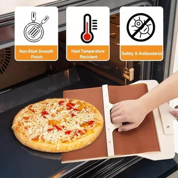 Paleta de madera para pizza con diseño deslizante. Permite mover la pizza sin esfuerzo, ideal para hornos. Herramienta.