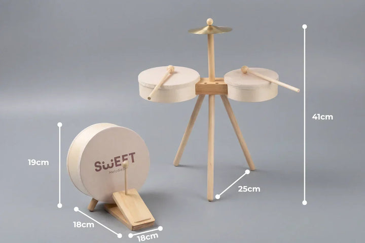 Batería infantil de madera, ideal para introducir a los niños en el mundo de la música y ritmo.