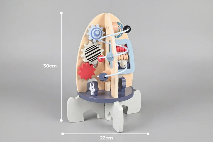 Juguete educativo de cohete de madera para bebés, centro de actividades motoras y sensoriales para niños.