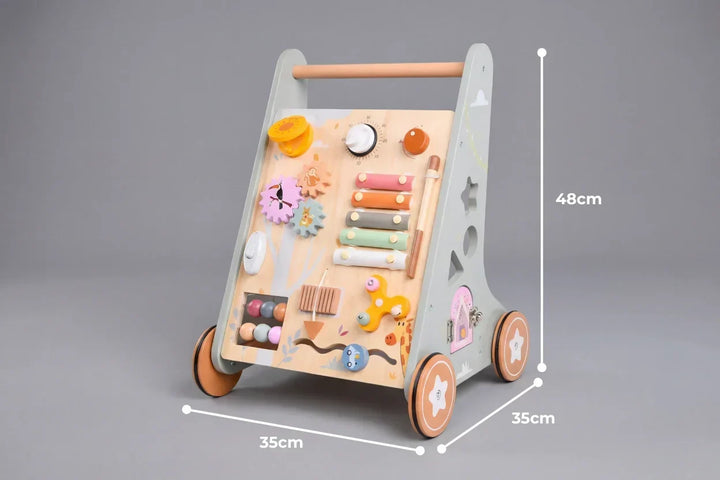 Caminador de actividades de madera para bebés, andador robusto estilo Safari Boho. Juguete educativo para aprender a caminar.