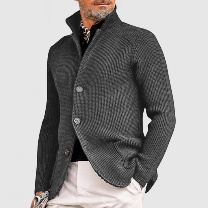Cálida chaqueta de punto para hombre con solapas, un diseño elegante para el frío invierno y entretiempo.