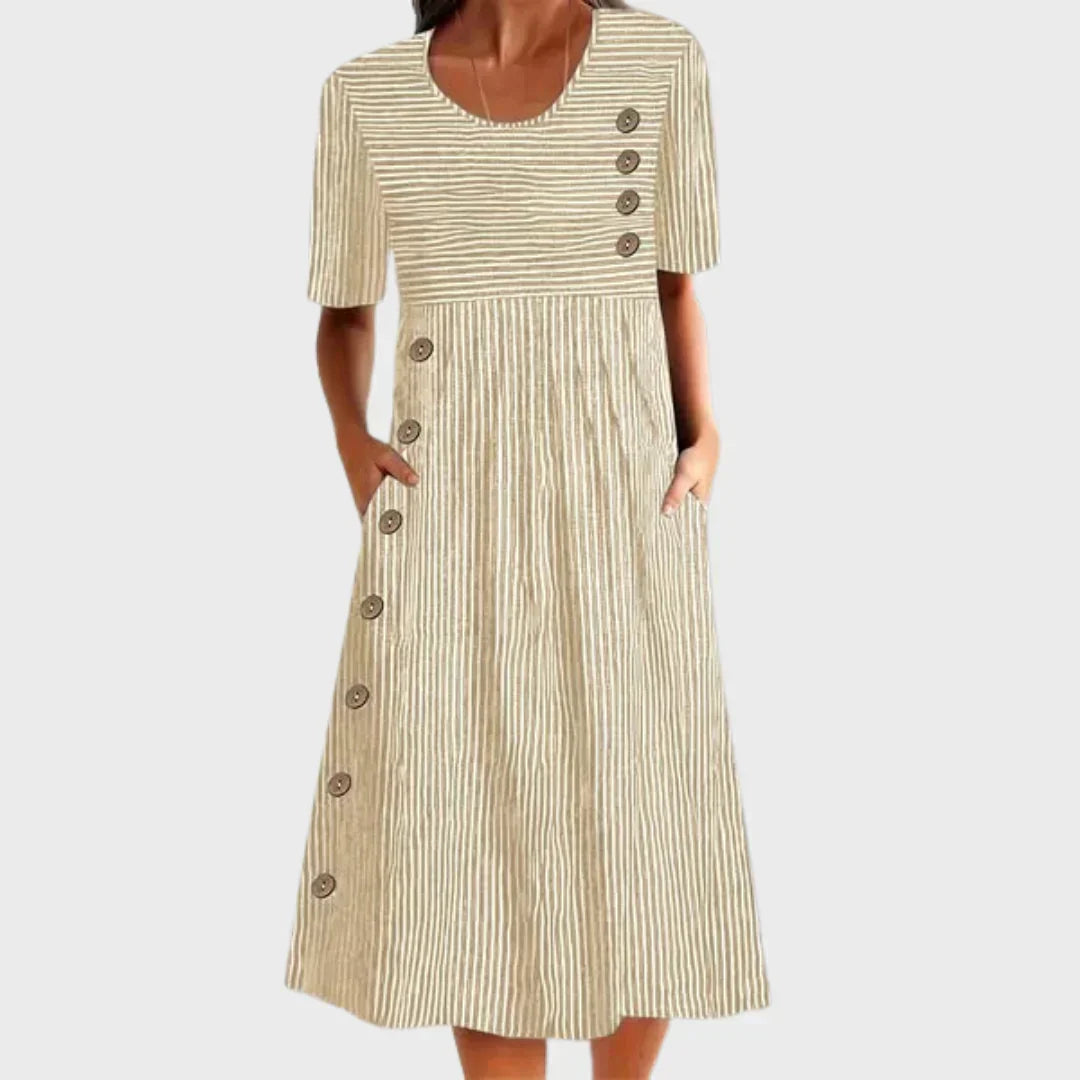 Vestido rayado de algodón para mujer con botones frontales, corte holgado, estilo casual de moda. Perfecto para verano.