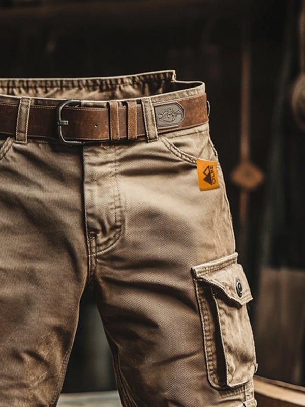 Pantalones cargo cortos retro de hombre, comodidad y estilo multibolsillo para moda masculina casual.