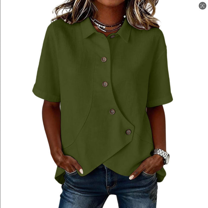 Camisa asimétrica de mujer, estilo moderno con botones. Blusa elegante para primavera/verano, ideal para oficina.