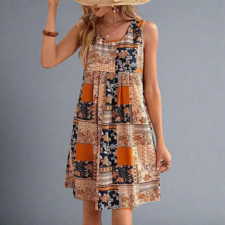 Vestido casual mini sin mangas para mujer, estilo bohemio y ligero. Estampado veraniego.