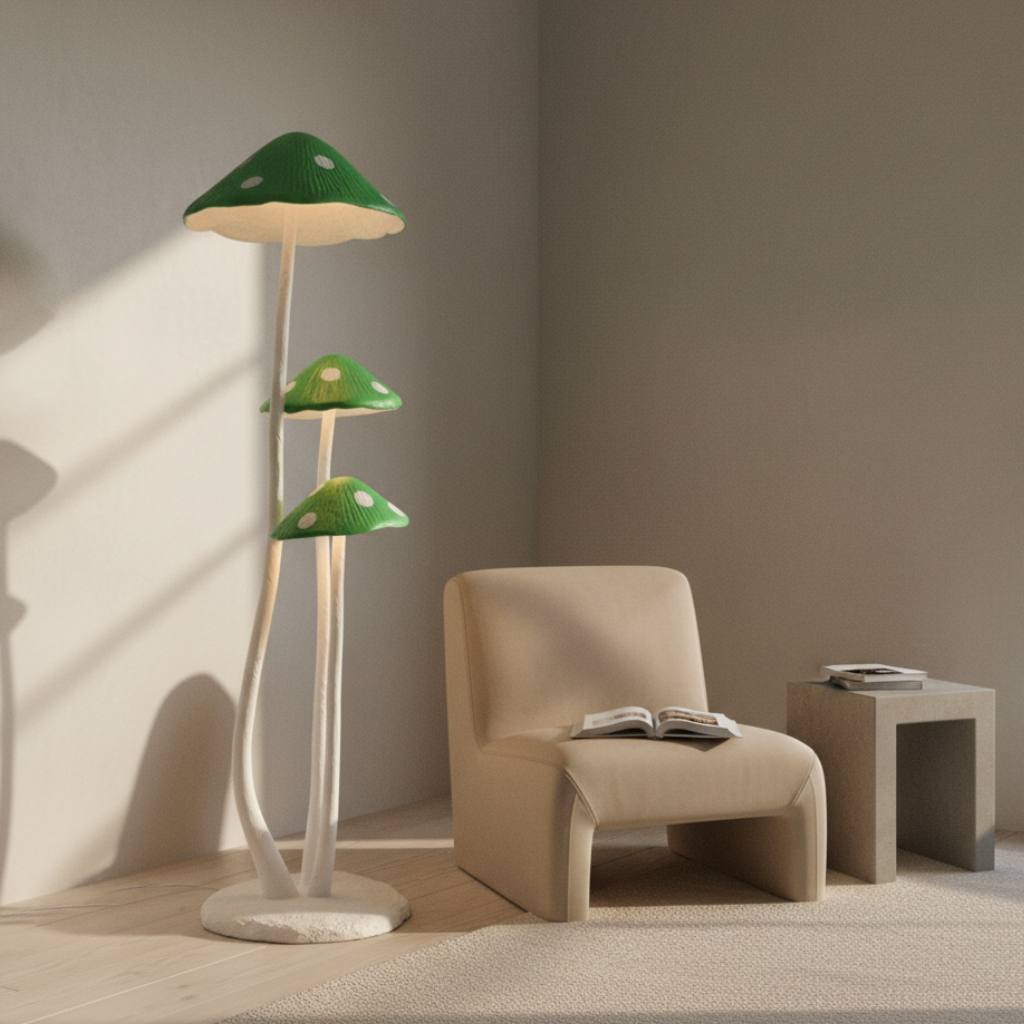 Lámpara de pie LED hongo para oficina moderna, luz funcional y decorativa.