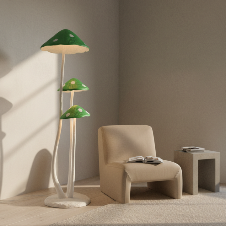 Lámpara de pie LED hongo para oficina moderna, luz funcional y decorativa.
