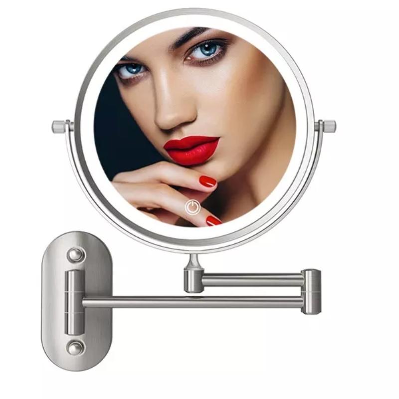 Espejo de baño LED con aumento 10X para maquillaje detallado y belleza. Recargable, montado en pared y plegable.