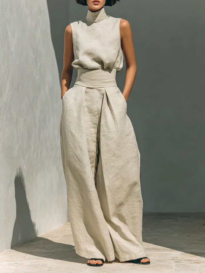 Conjunto minimalista de 2 piezas para mujer: top sin mangas y pantalones anchos. Ideal verano chic y cómodo.