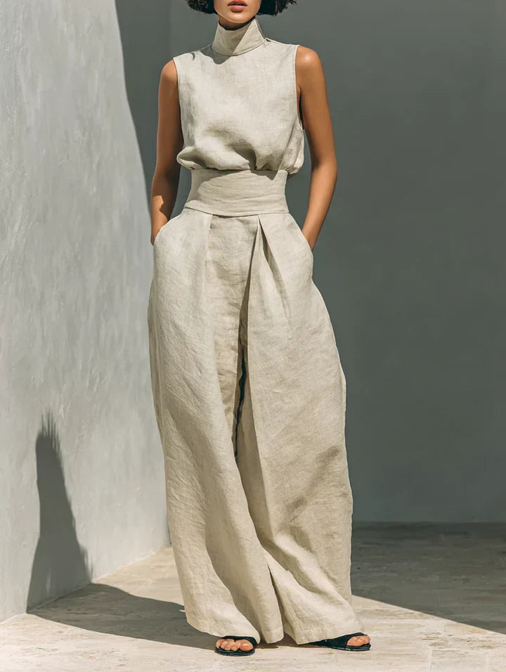 Conjunto minimalista de mujer de algodón lino para verano, blusa sin mangas y pantalón ancho.