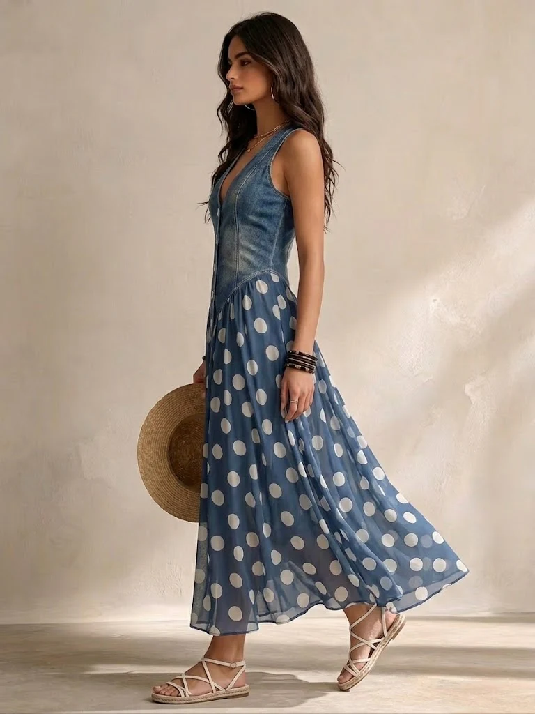 Vestido largo azul de mujer con falda de lunares, efecto denim y escote V. Ropa de moda femenina para verano.