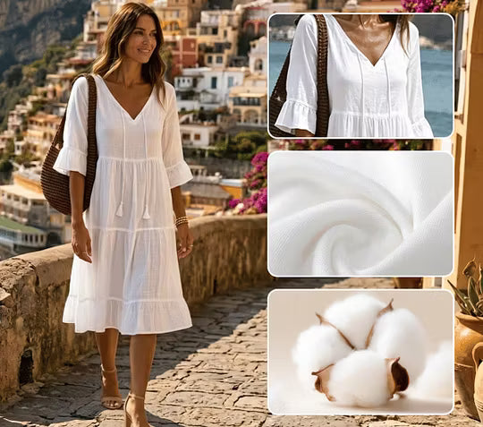 Vestido midi bohemio elegante para mujer con escote en V y tejido fluido, perfecto para eventos de primavera.