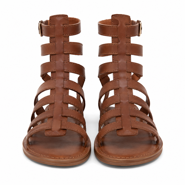 Sandalias gladiadoras marrones para mujer, diseño elegante y veraniego. Calzado casual con múltiples tiras y hebilla.