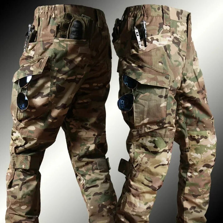 Primer plano de tela de camuflaje militar: durabilidad extrema y resistencia para uniforme táctico de hombre.