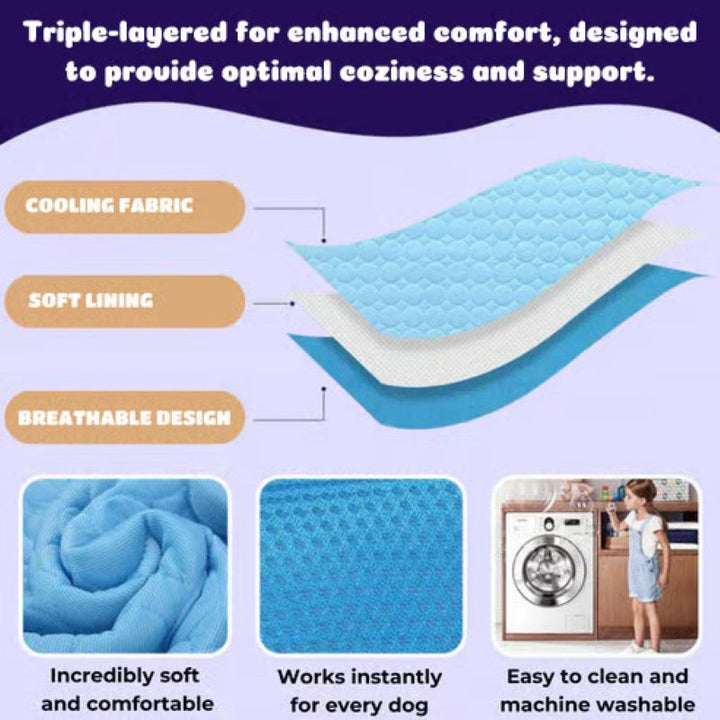 Primer plano de colchoneta gel refrescante para perro, tecnología de alivio térmico.