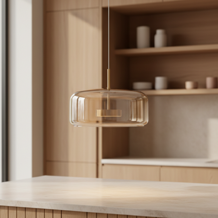 Lámpara colgante LED de vidrio nórdico, luz ajustable, ideal para iluminación moderna de cocina.