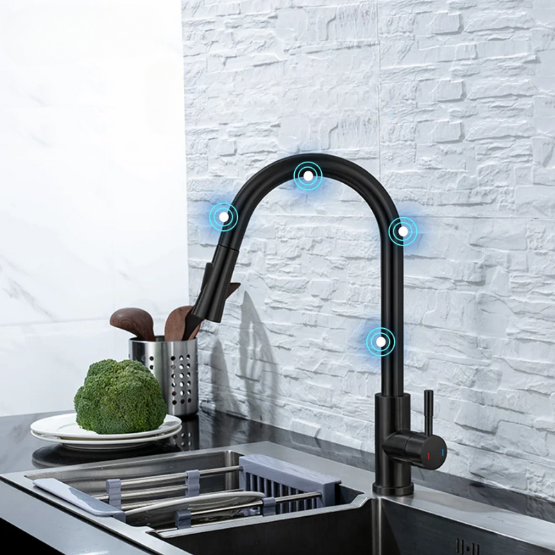 Grifo de cocina táctil inteligente con sensor de movimiento, diseño contemporáneo, fácil uso.
