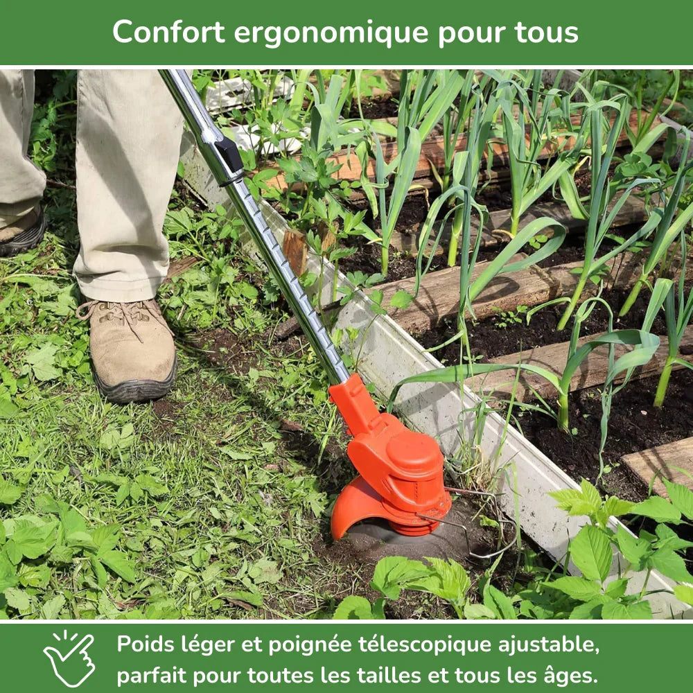 Desbrozadora potente con batería de larga duración. Herramienta de jardinería inalámbrica para limpieza y mantenimiento.