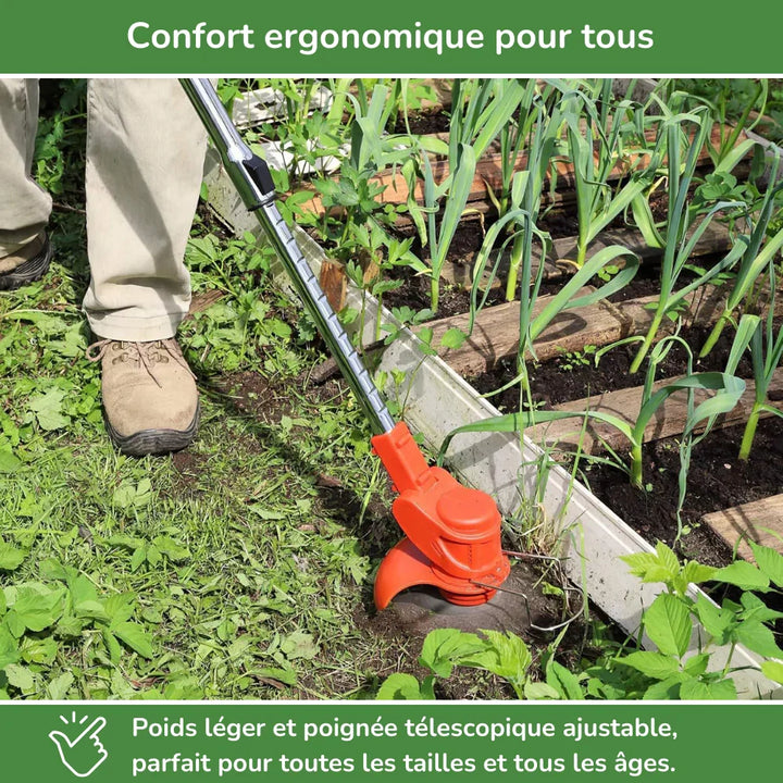 Desbrozadora potente con batería de larga duración. Herramienta de jardinería inalámbrica para limpieza y mantenimiento.