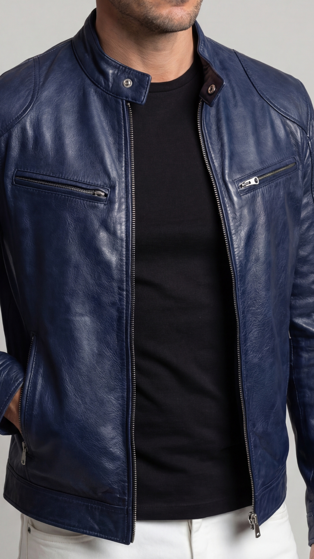 Chaqueta urbana de piel vegana para hombre, estilo contemporáneo casual para el otoño.