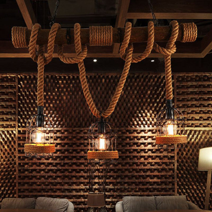 Lámpara de techo vintage: Diseño de madera y metal, iluminación colgante para espacios interiores modernos.