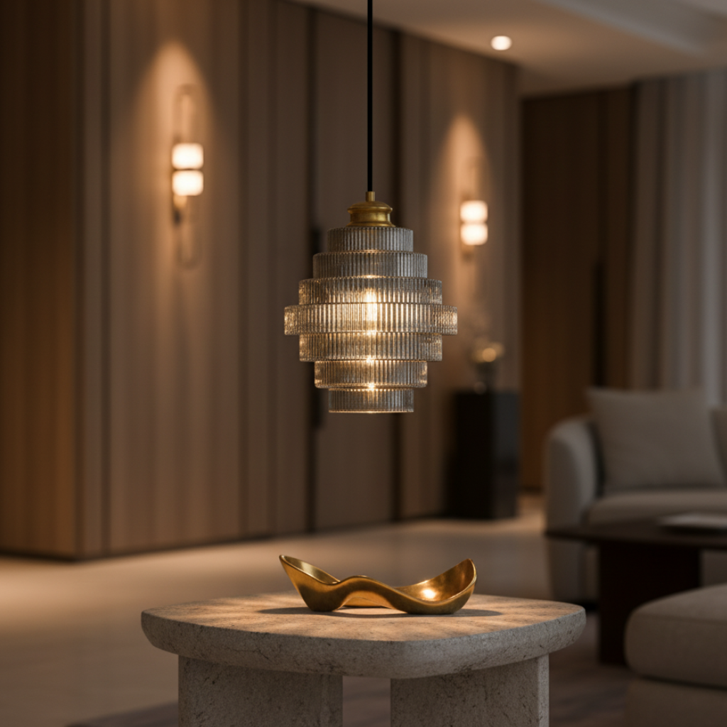 Luz colgante de cristal crea ambiente cálido y elegante, perfecta para la cocina. Iluminación decorativa.