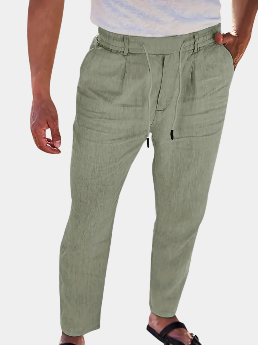 Pantalones de lino largos para hombre, ajuste relajado con cordón, ideales para verano.