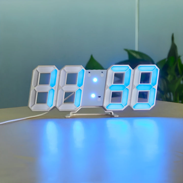 Reloj de pared LED 3D moderno, ideal para decoración de hogar inteligente. Diseño digital contemporáneo.