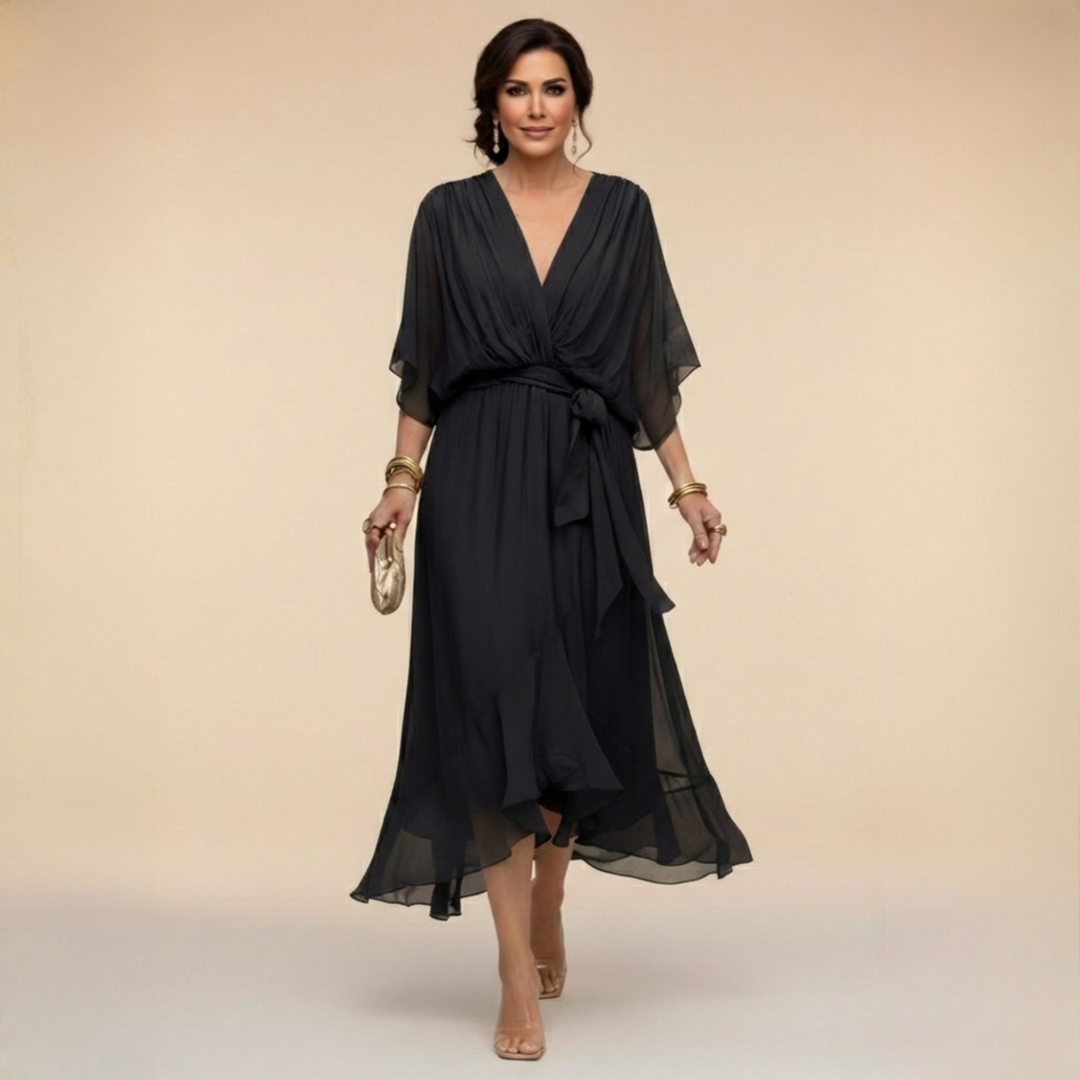 Vestido midi de mujer fluido y ligero, tejido elegante, escote V. Versátil para eventos casuales o formales.