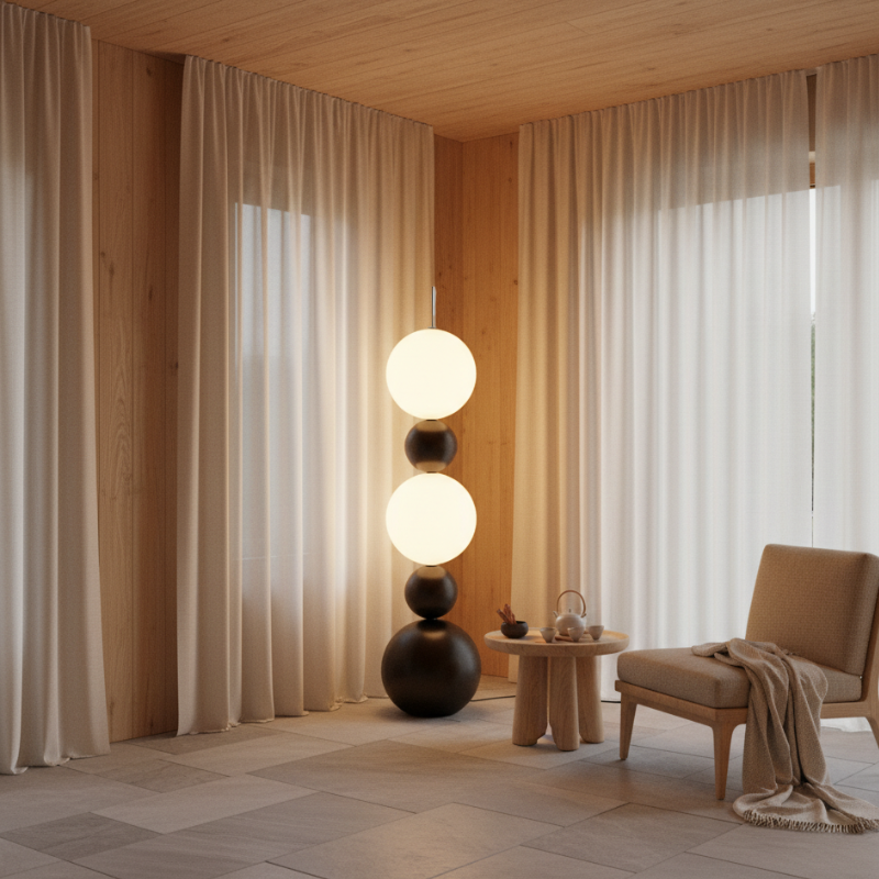 Lámpara de pie LED Calura en dormitorio. Iluminación ambiental con diseño único y luz suave.