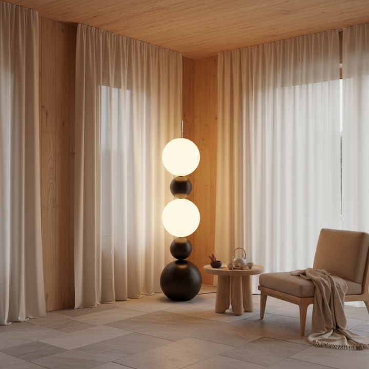 Lámpara de pie LED Calura en dormitorio. Iluminación ambiental con diseño único y luz suave.