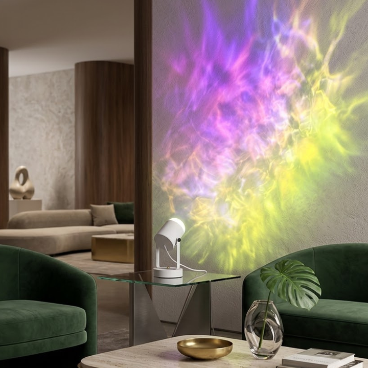 Decoración moderna con lámpara de mesa RGB dinámica para sala o estudio.