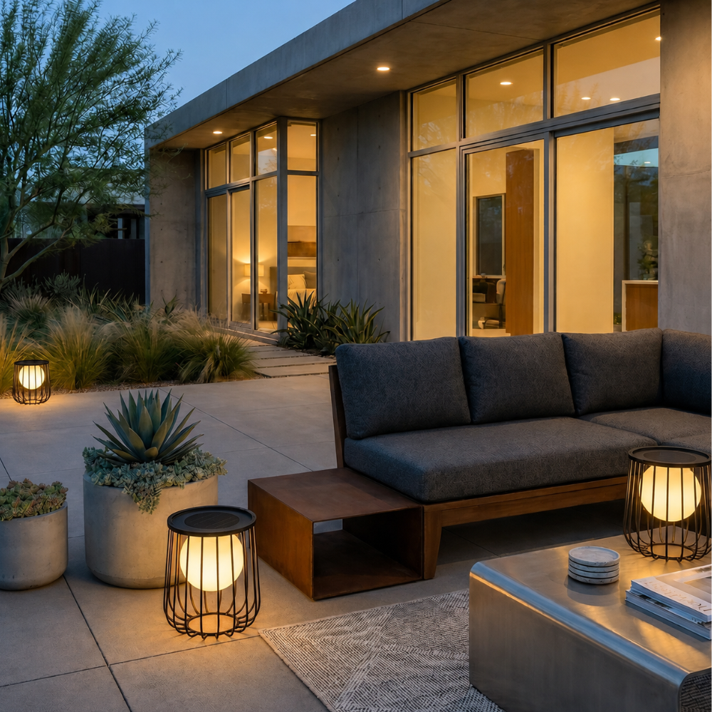 Decoración de jardín con lámpara solar LED regulable, ideal para exteriores IP65.