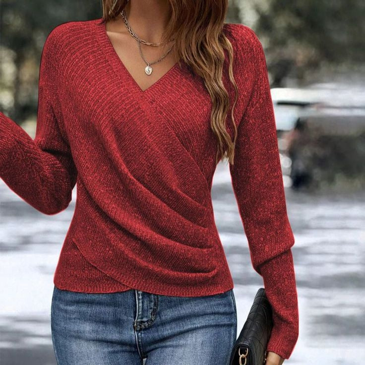 Moda de mujer: jersey femenino elegante con cuello en V. Suéter ideal para estilo casual y sofisticado de otoño.