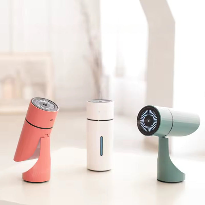 Humidificador ultrasónico portátil de viaje recargable con luz LED, ideal para bienestar en cualquier lugar.