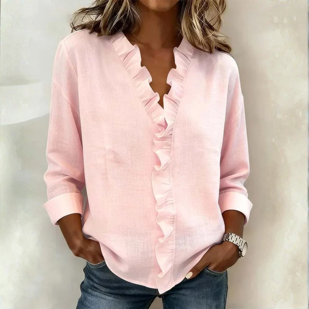 Blusa de mujer elegante con volantes, escote en V y mangas largas, ideal para primavera y verano.