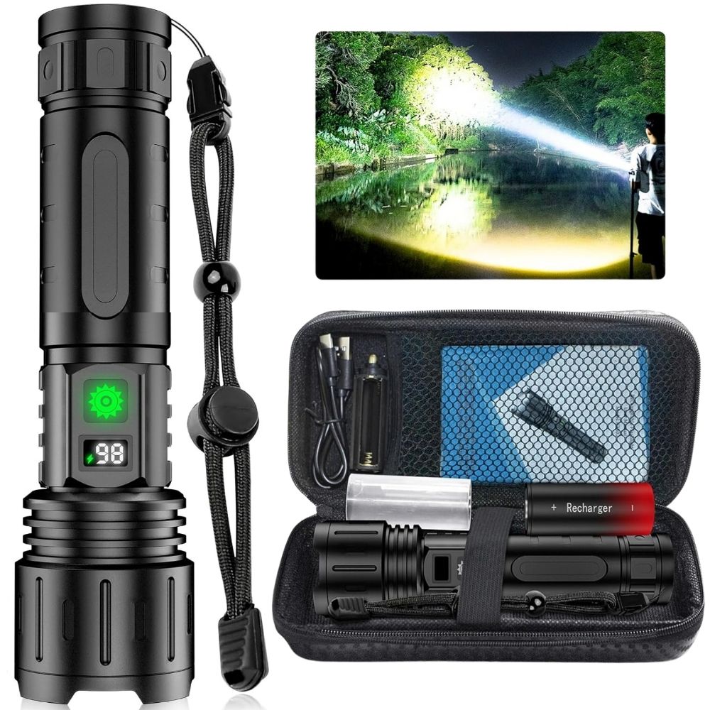 Linterna LED táctica recargable de alta potencia para exteriores, camping y senderismo.