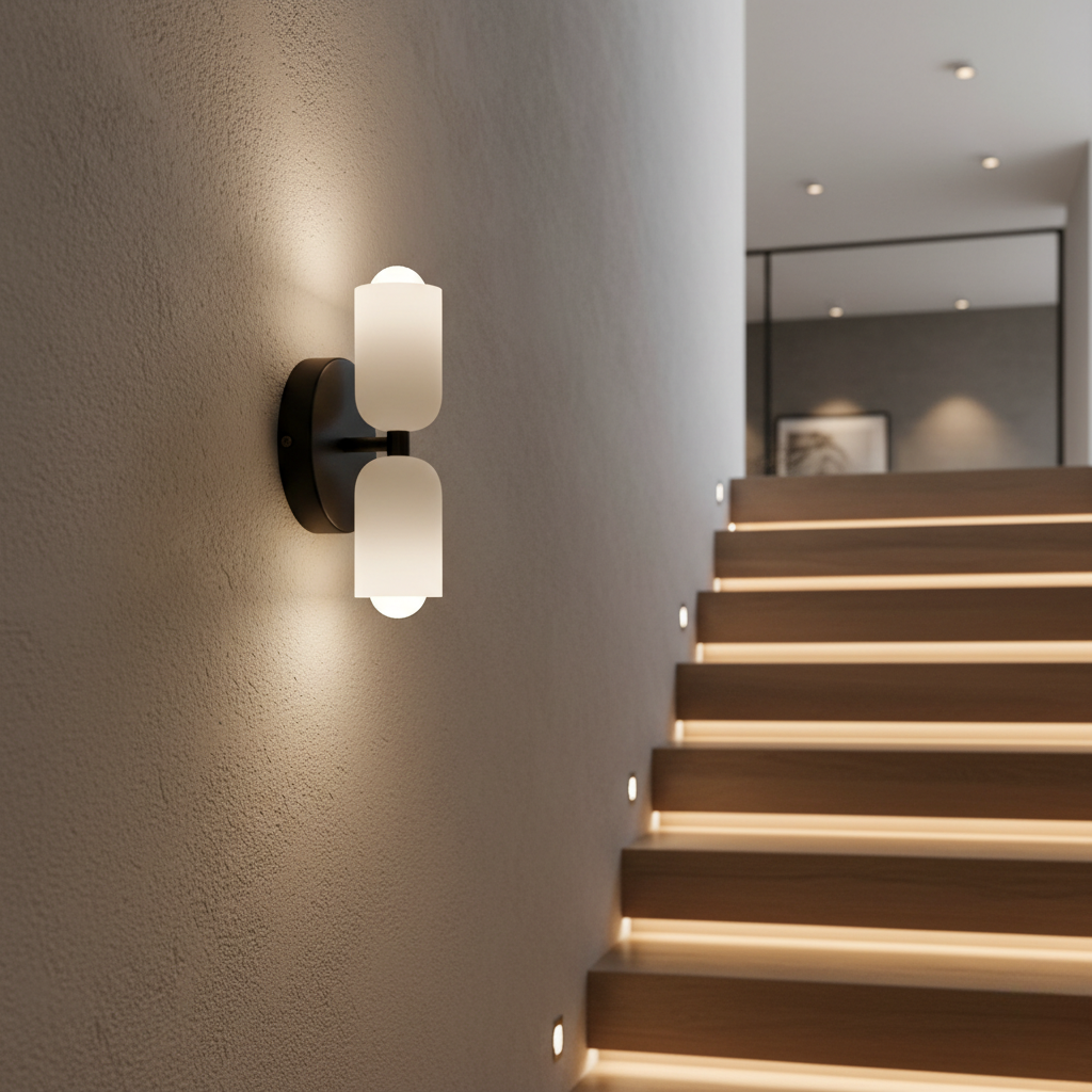 Iluminación interior moderna, aplique de pared doble para un salón sofisticado.