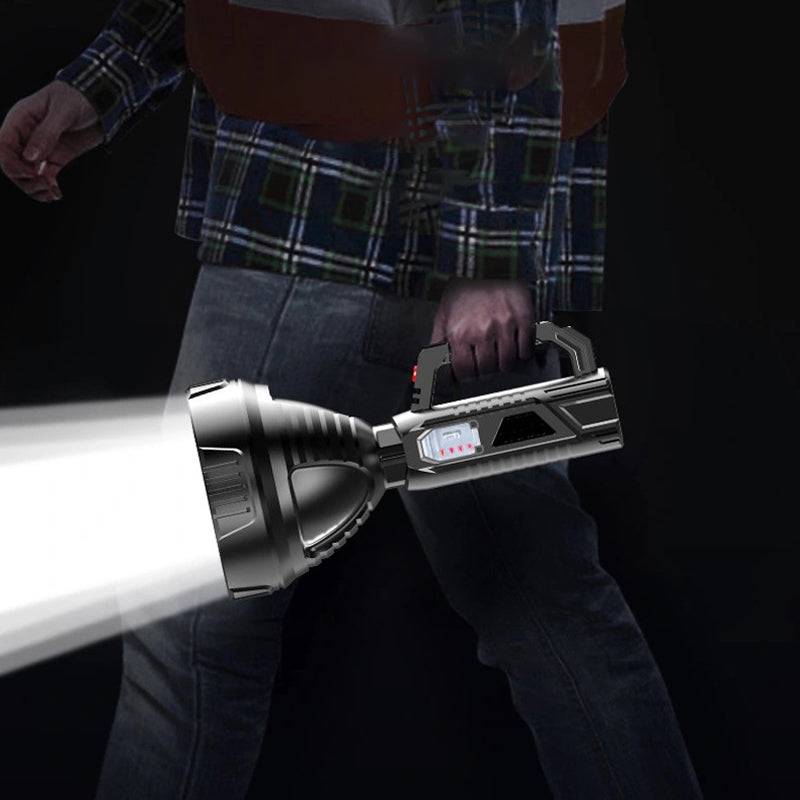 Foco LED de largo alcance recargable USB, linterna de alta potencia para camping y situaciones de emergencia.